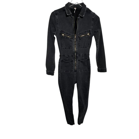 Free People Lennox Skinny Fit Denim Zip Front Jumpsuit Size Small Black - Picture 1 of 8